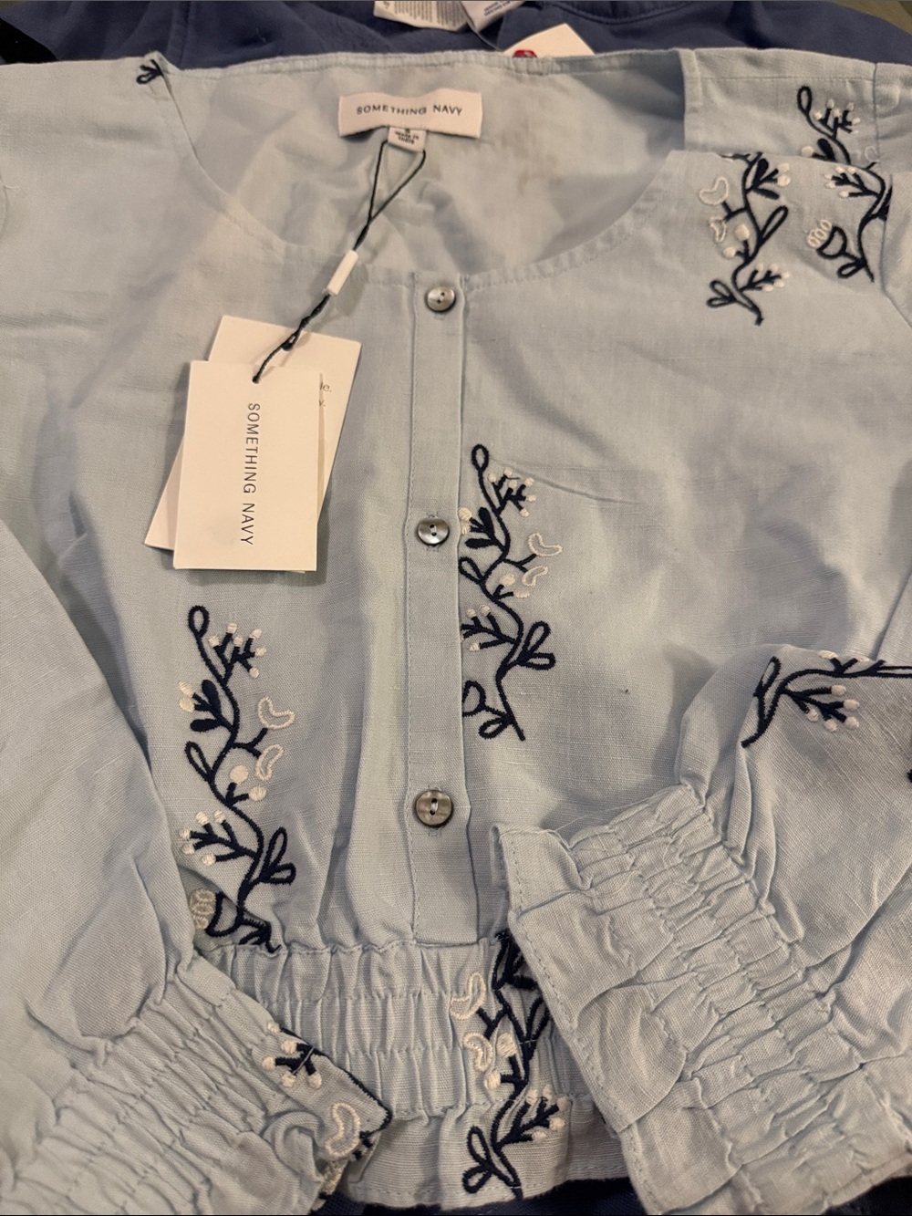 Something Navy Light Blue Blouse with Navy Trim